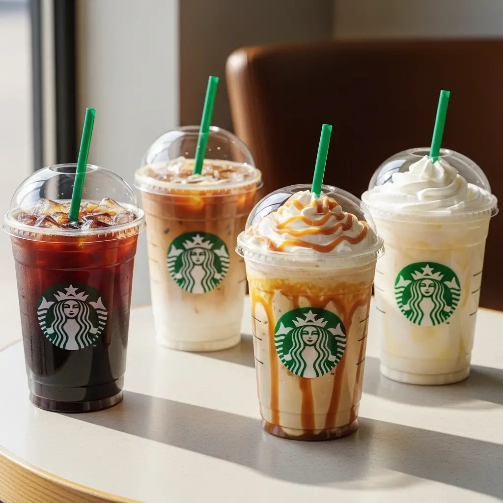Different Starbucks iced coffee drinks — black, milk, caramel, and vanilla — on café table.