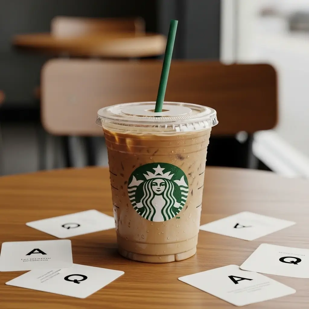 Starbucks iced coffee with FAQ cards on a wooden café table.