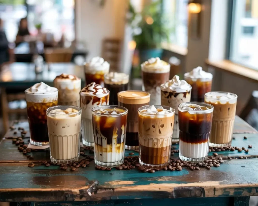 15 delicious iced coffee recipes in clear glasses with various toppings and swirls.
