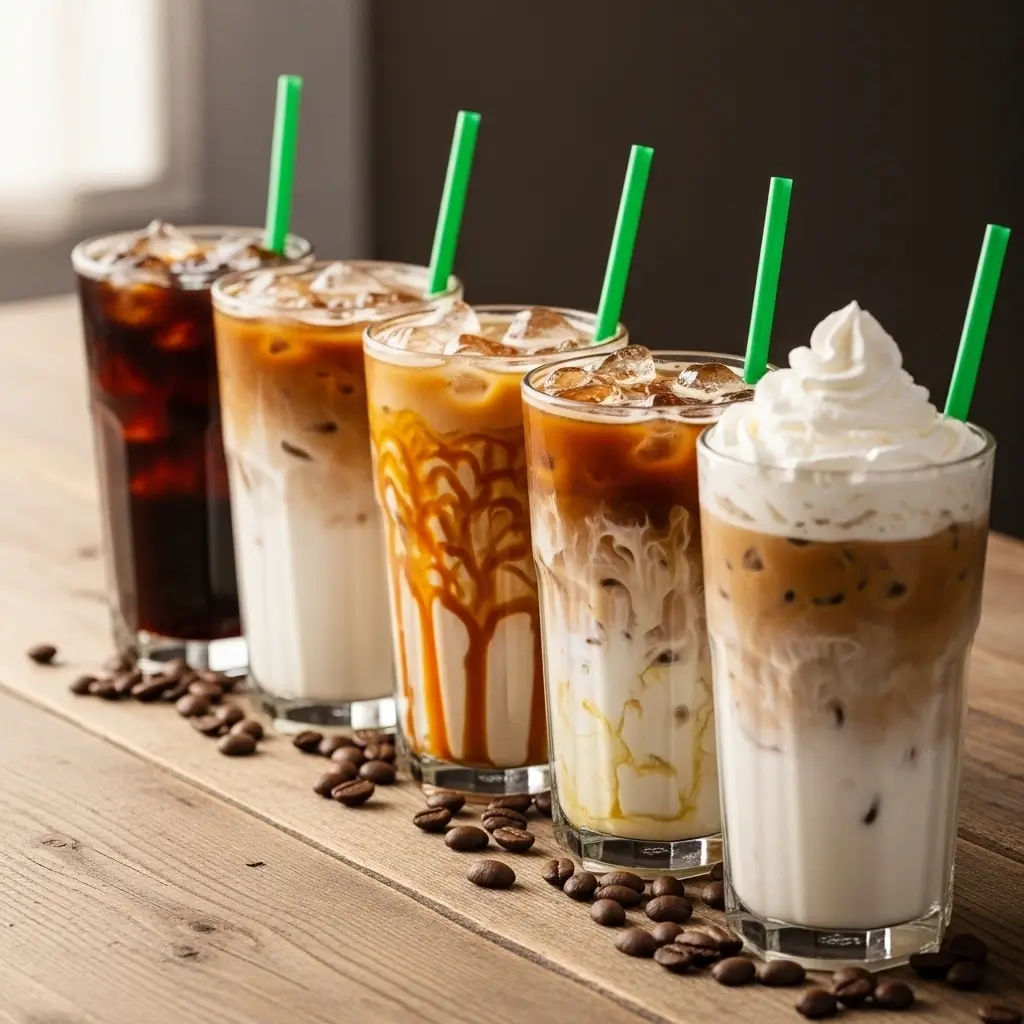 Classic iced coffee recipes in clear glasses with milk, caramel, vanilla, and whipped cream.