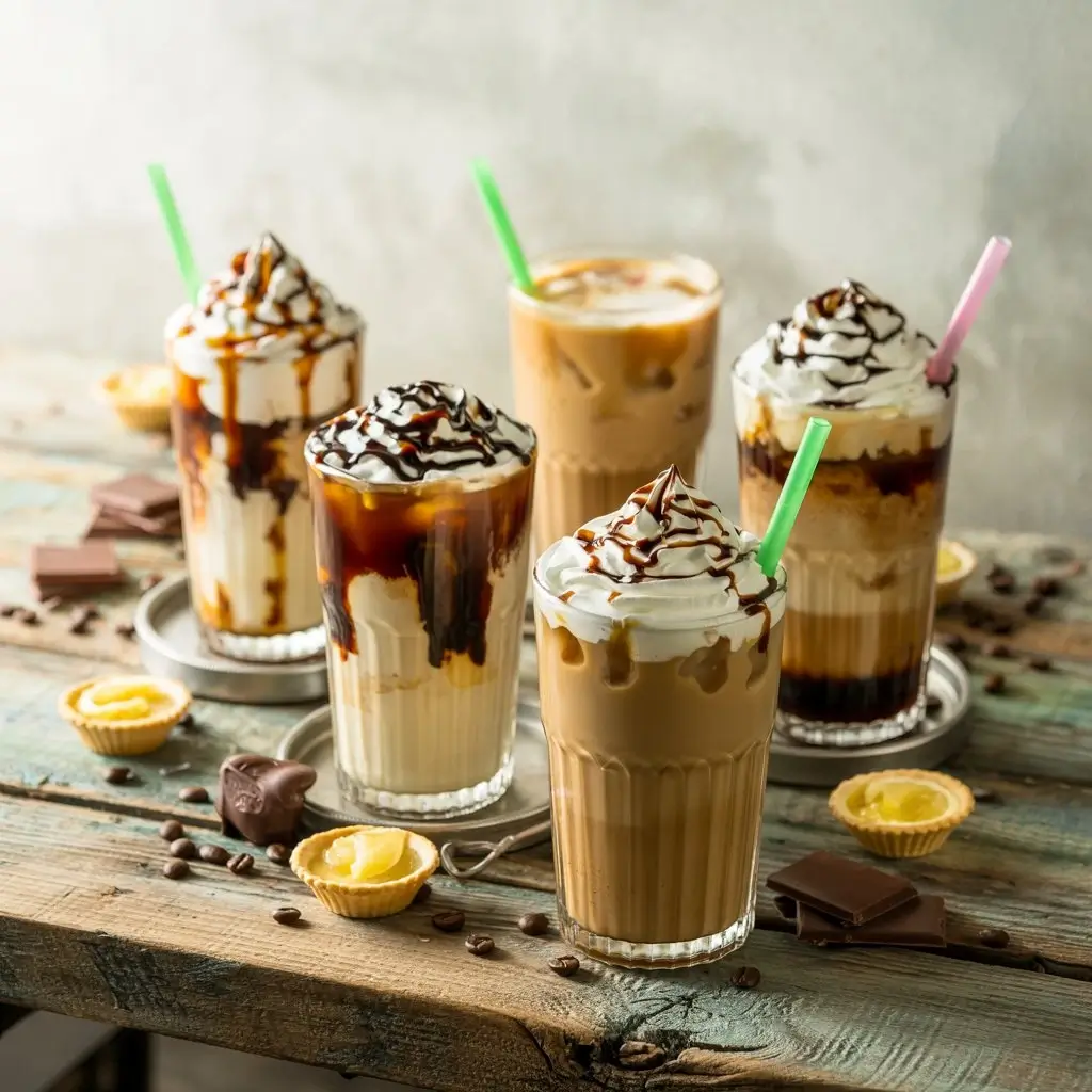 Sweet and indulgent iced coffee drinks with caramel, chocolate, and whipped cream toppings.