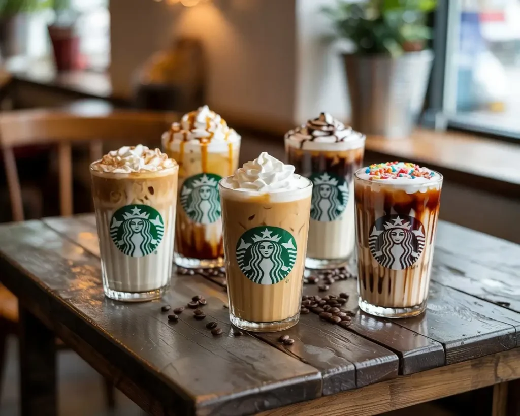 Five Starbucks iced coffee lattes with different flavors and toppings on a café table.