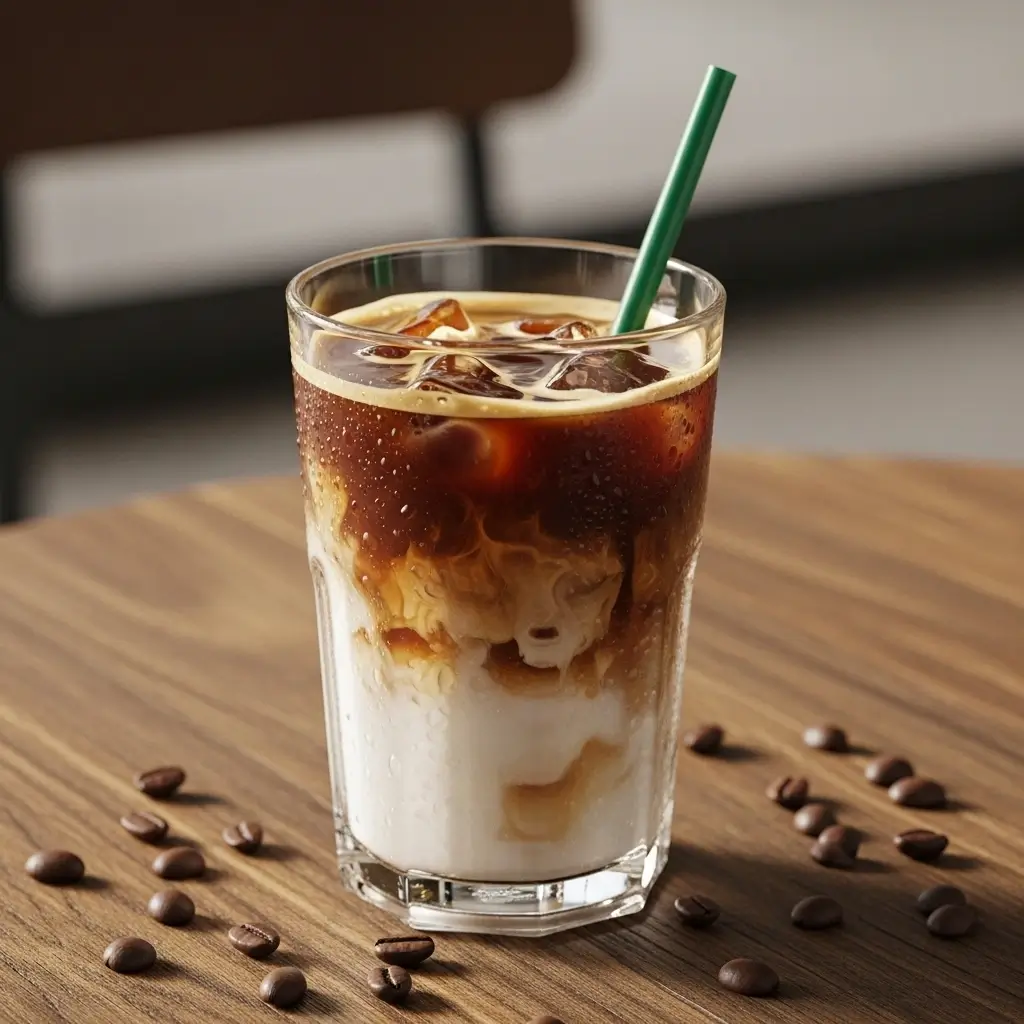 Classic Starbucks iced latte with milk swirl and condensation on glass.