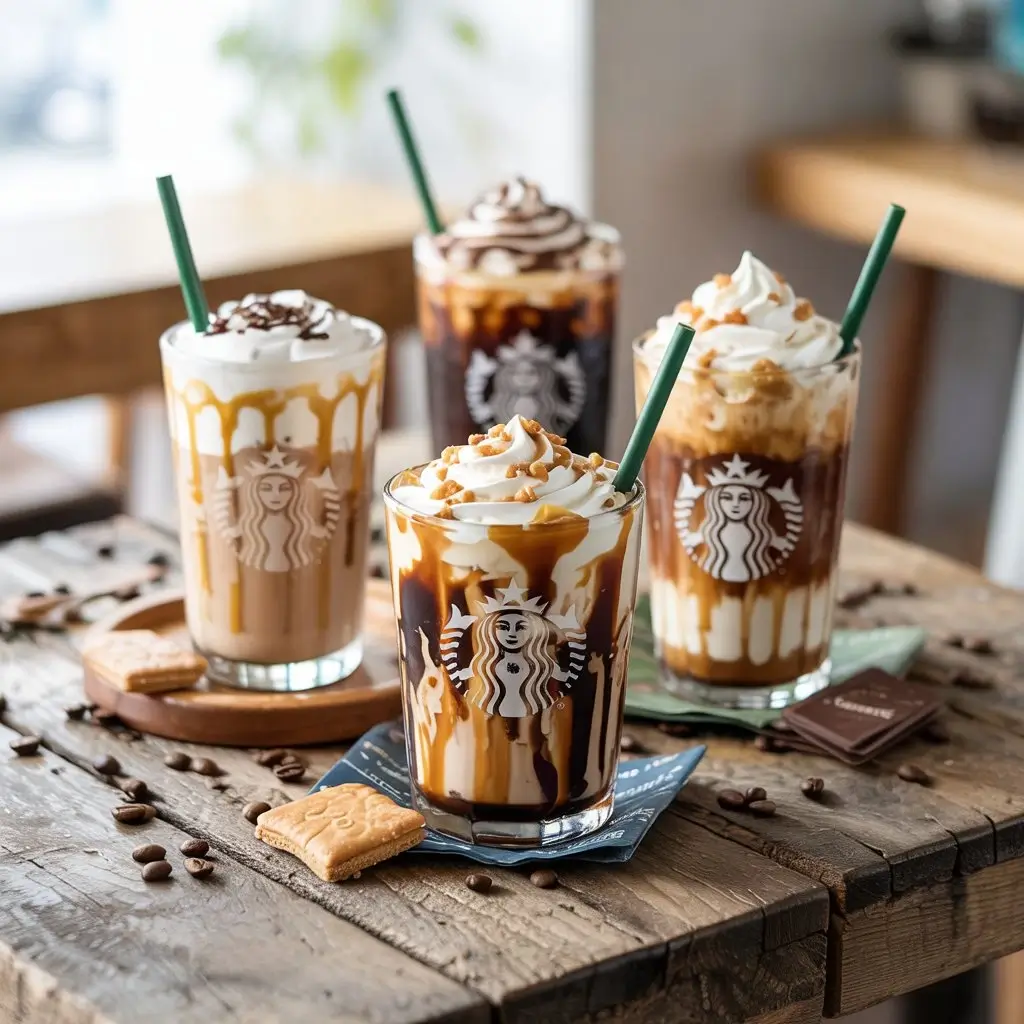 Caramel and dessert-inspired Starbucks iced lattes with whipped cream and drizzle toppings.
