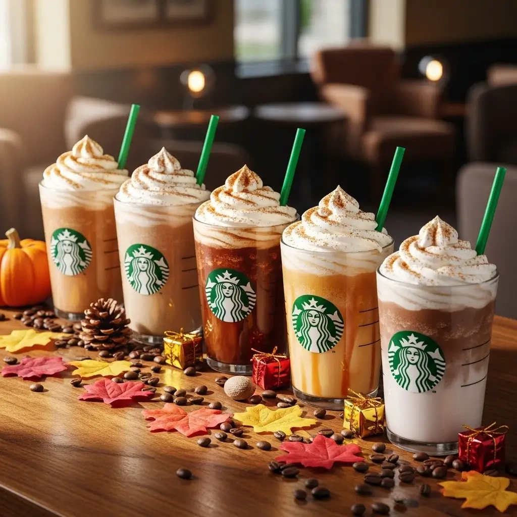 Seasonal and spiced Starbucks iced lattes with whipped cream and spice toppings.