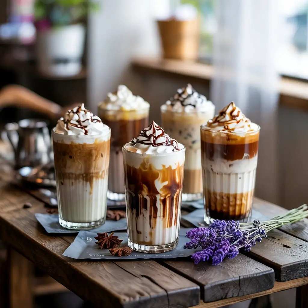 Barista-level creative iced lattes with intricate milk swirls, whipped cream, and decorative garnishes.