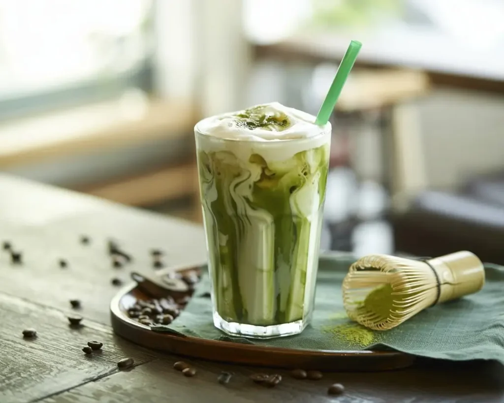 Starbucks green tea iced coffee with milk swirl and matcha garnish on a café table.