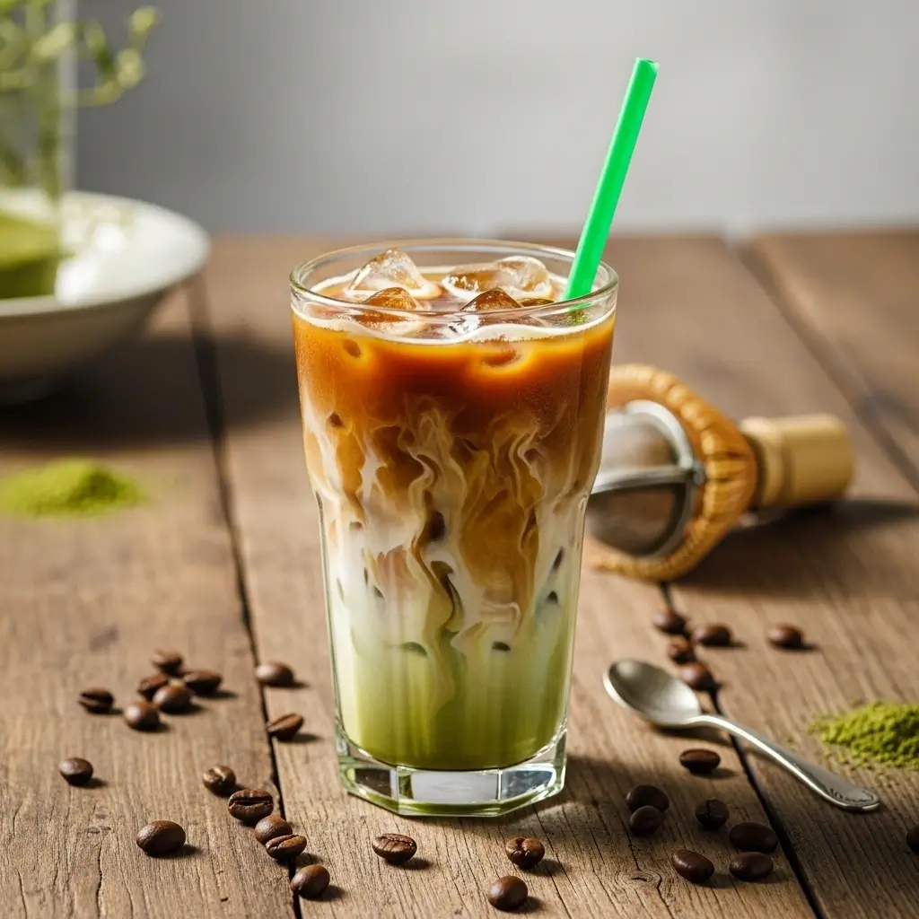 Classic green tea iced coffee with milk swirl in a clear glass on a wooden café table.