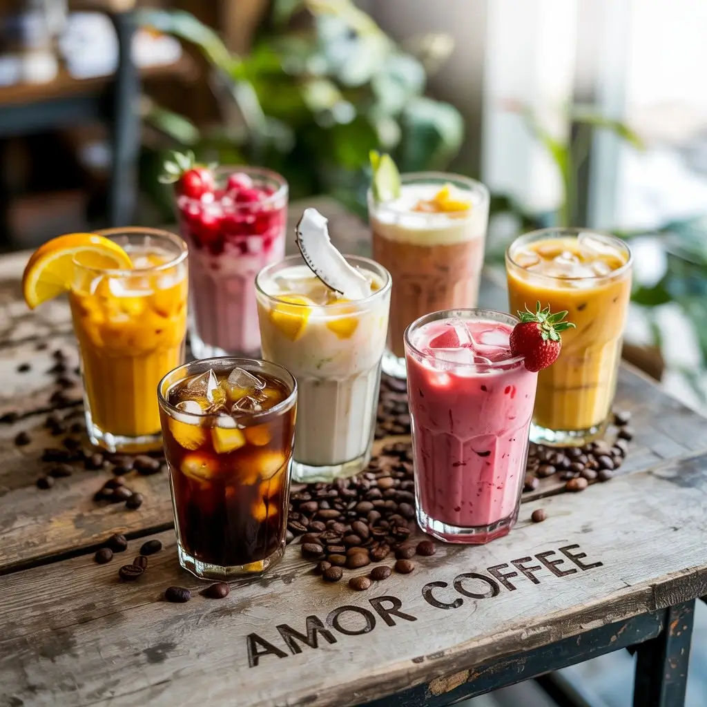 Fruity and refreshing iced coffee drinks with citrus, berries, and tropical flavors.