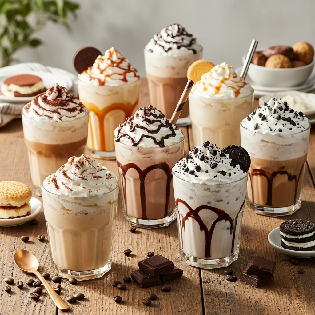 Creamy, dessert-inspired iced coffee drinks topped with whipped cream and drizzles.
