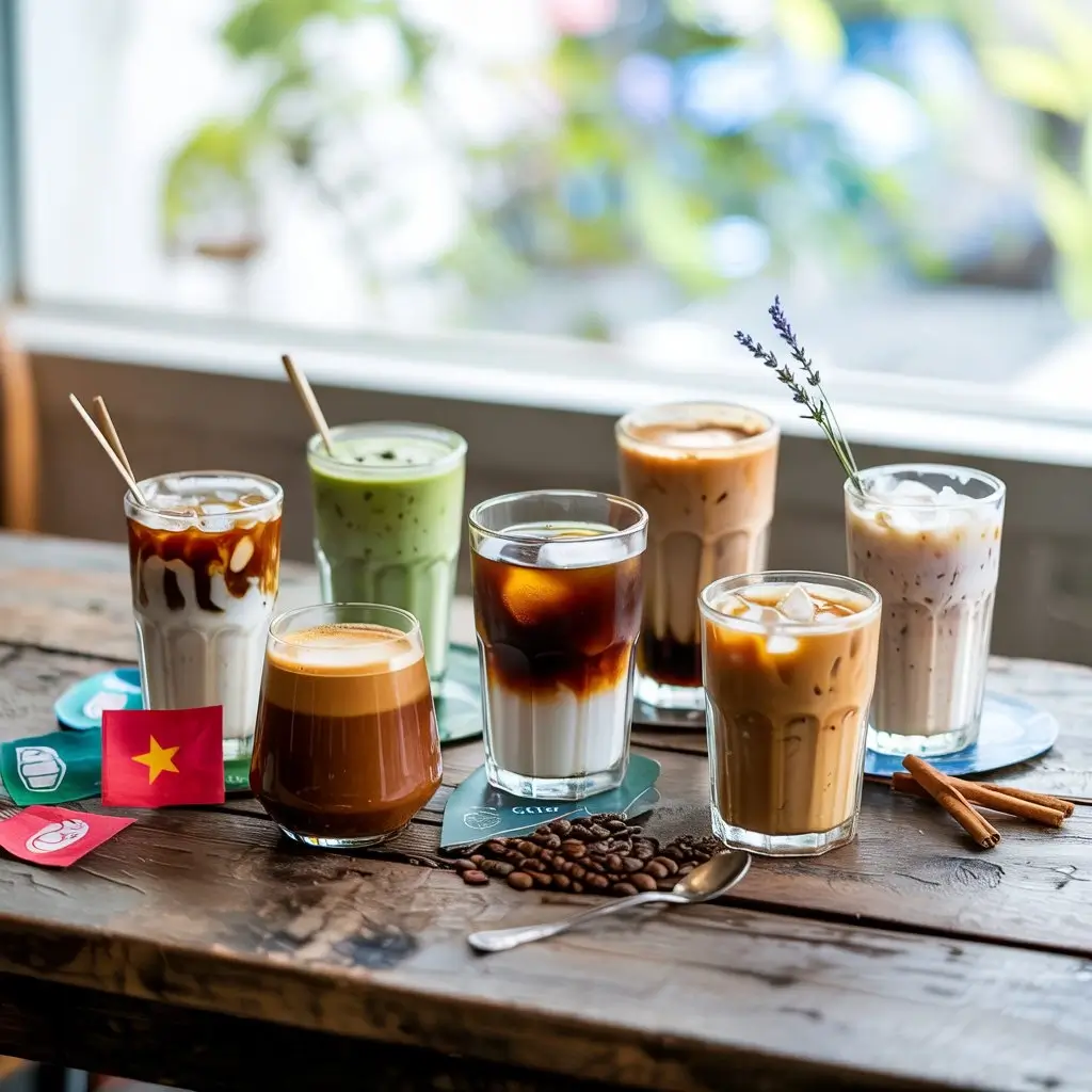 International and creative iced coffee drinks in diverse flavors on a rustic café table.