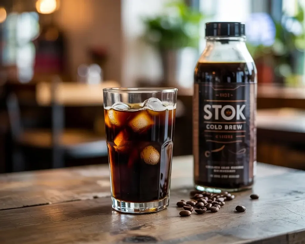 Stok cold brew coffee in a clear glass with ice and cream swirl, next to a Stok bottle.