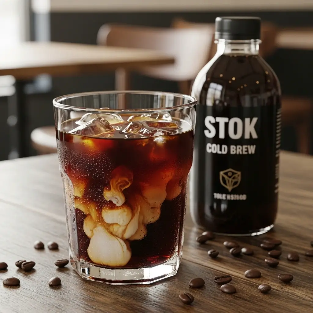 Stok cold brew coffee with ice and cream swirl next to a Stok bottle on a café table.