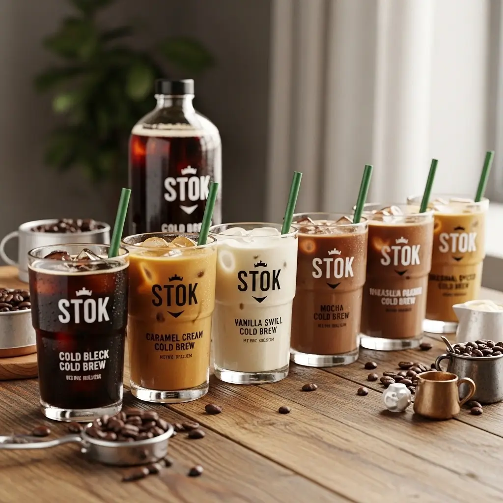 Stok cold brew coffee drinks in various recipes with ice, cream, and a Stok bottle.