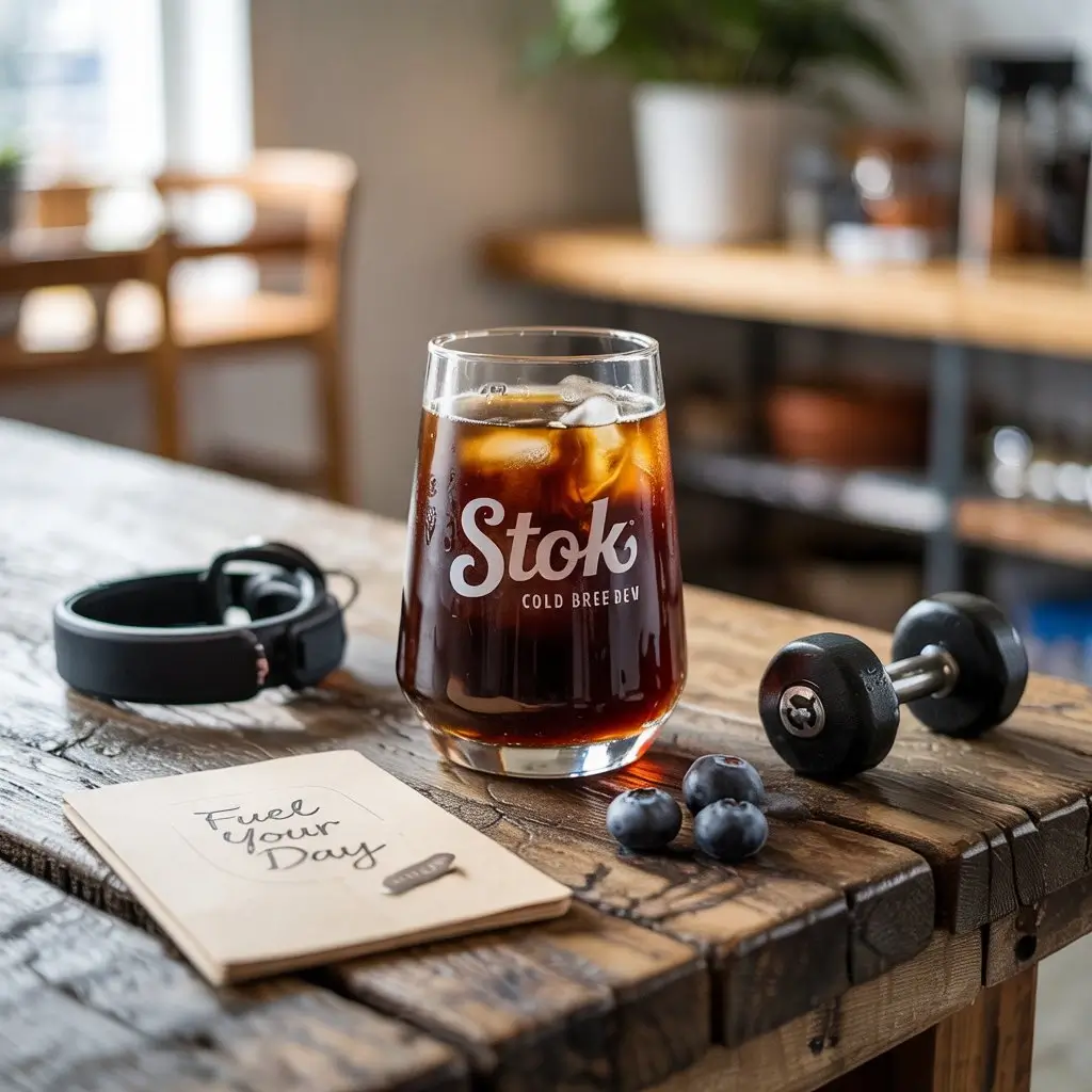 Stok cold brew coffee with ice and cream swirl, styled with fitness and health props.