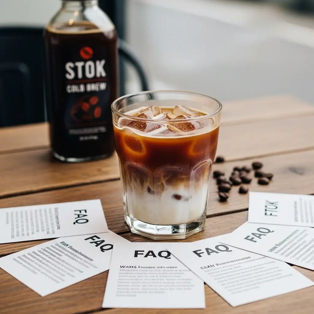 Stok cold brew coffee with ice and cream swirl, surrounded by FAQ cards and a Stok bottle.