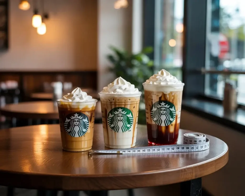 Starbucks iced coffee drinks in different cup sizes: Tall, Grande, and Venti on a café table.