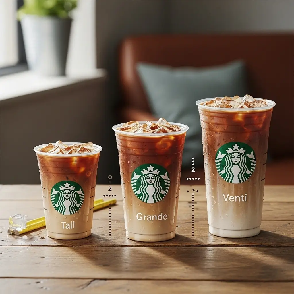 Starbucks iced coffee drinks in Tall, Grande, and Venti cups arranged for size comparison.