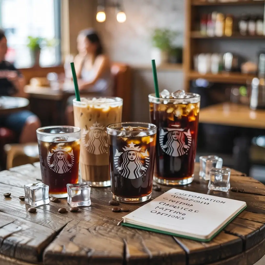Starbucks iced coffee drinks in Tall, Grande, and Venti cups, styled with props showing size differences.