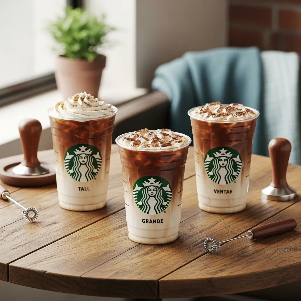 Starbucks iced coffee drinks in Tall, Grande, and Venti cups with barista tools on a café table.