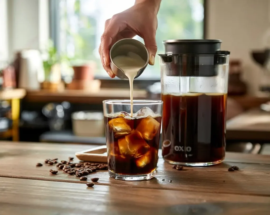 OXO cold brew coffee in a clear glass with ice, next to an OXO coffee maker on a café table.