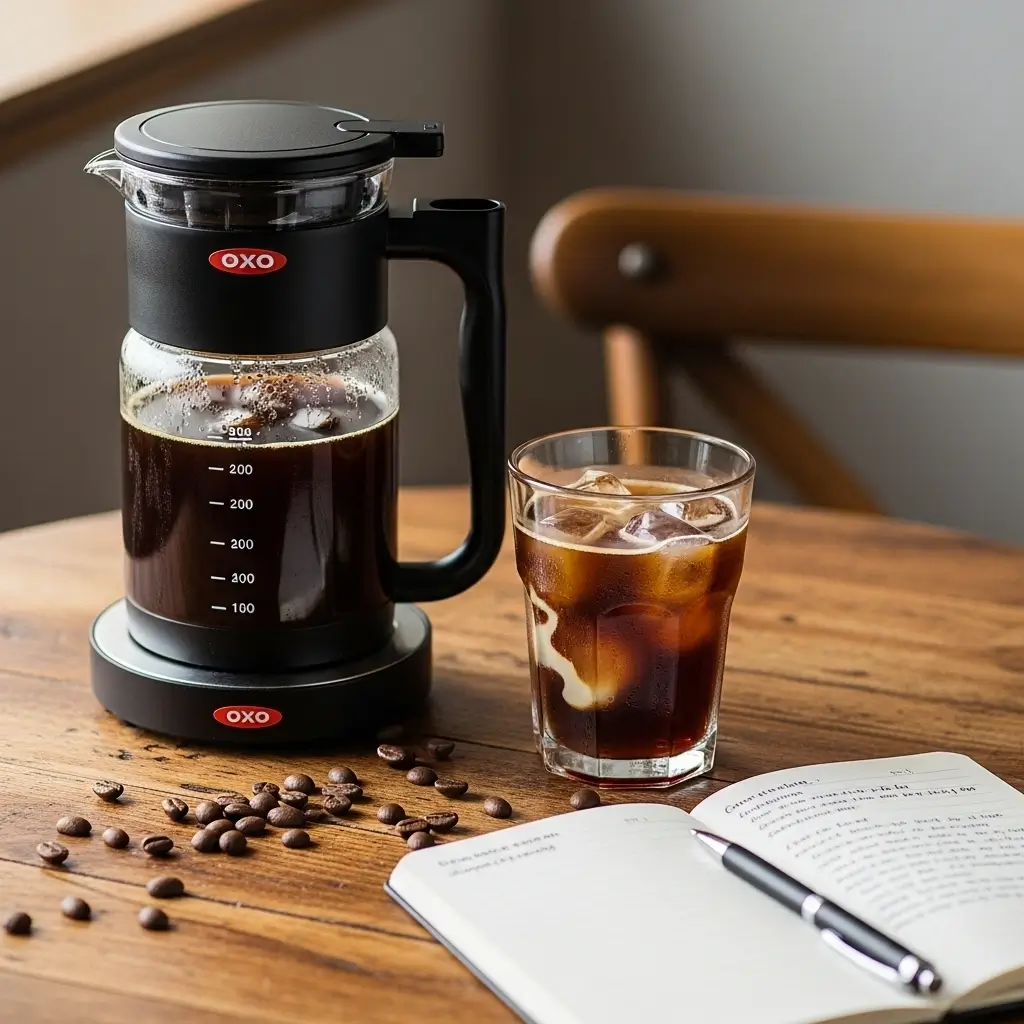 OXO cold brew coffee maker next to a glass of iced cold brew with cream swirl on a café table.