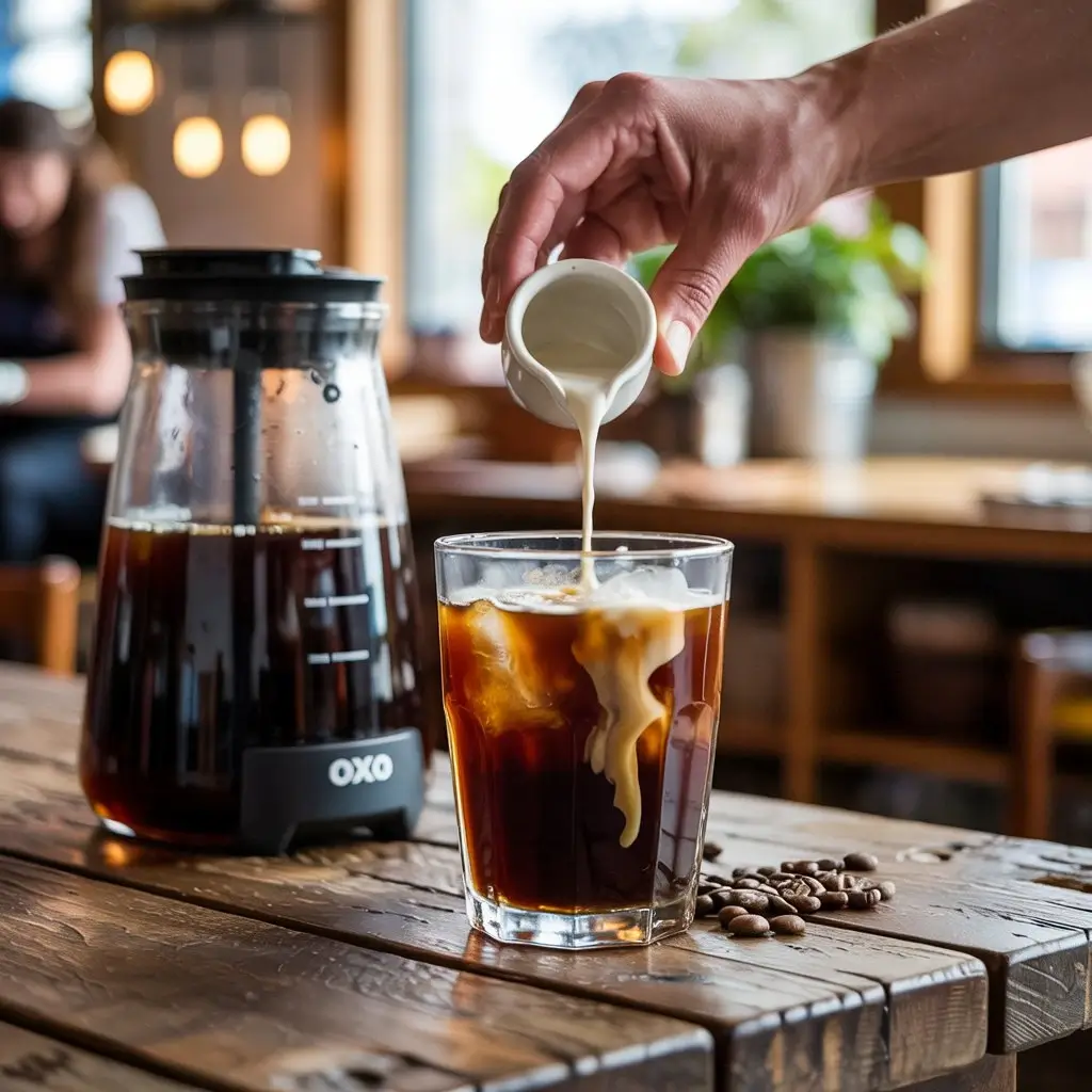 OXO cold brew coffee with ice and cream swirl next to the OXO coffee maker, hand pouring cream.