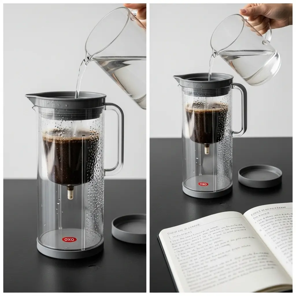 OXO cold brew coffee maker with a glass of iced cold brew, coffee beans, and step-by-step notes.