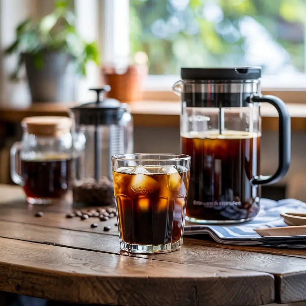 OXO cold brew coffee with ice and cream swirl next to the OXO coffee maker, compared to other cold brew methods.