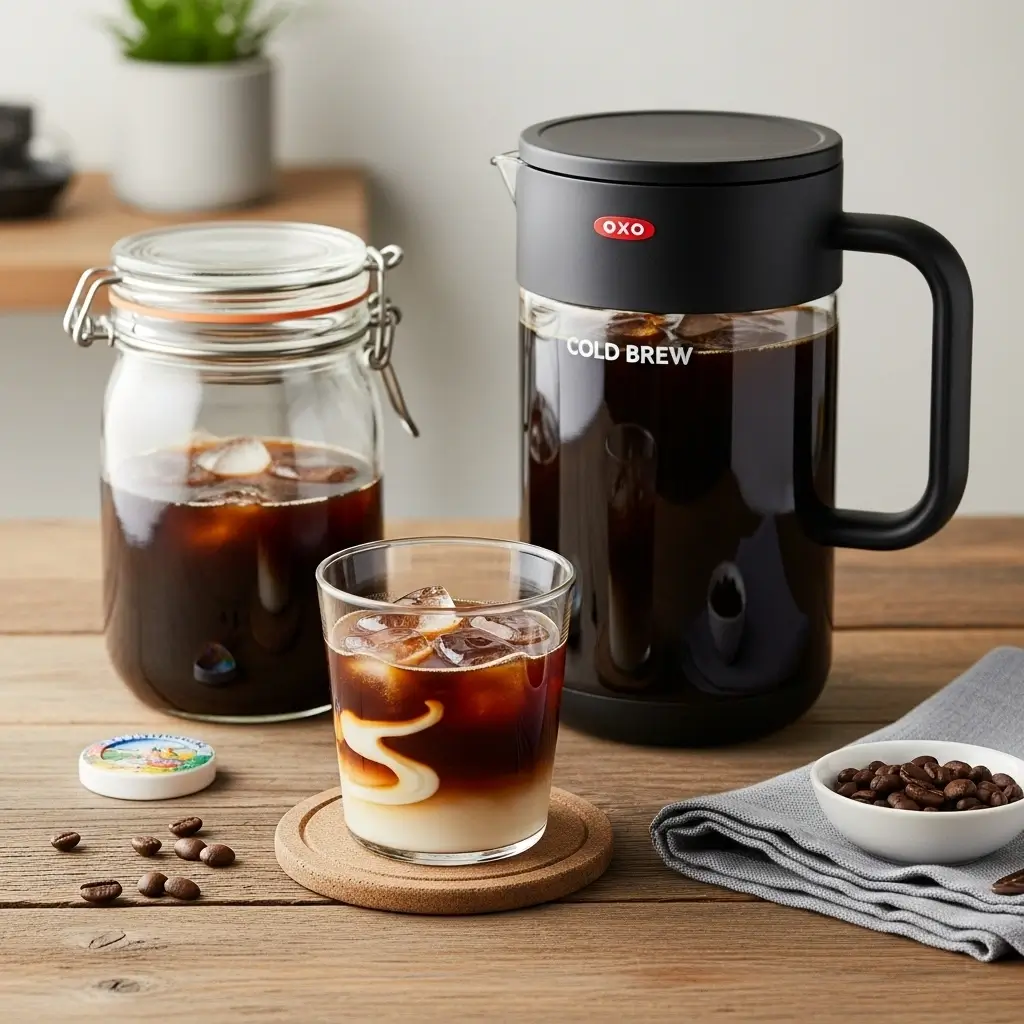 OXO cold brew coffee with ice and cream swirl next to coffee maker and storage jar on a café table.