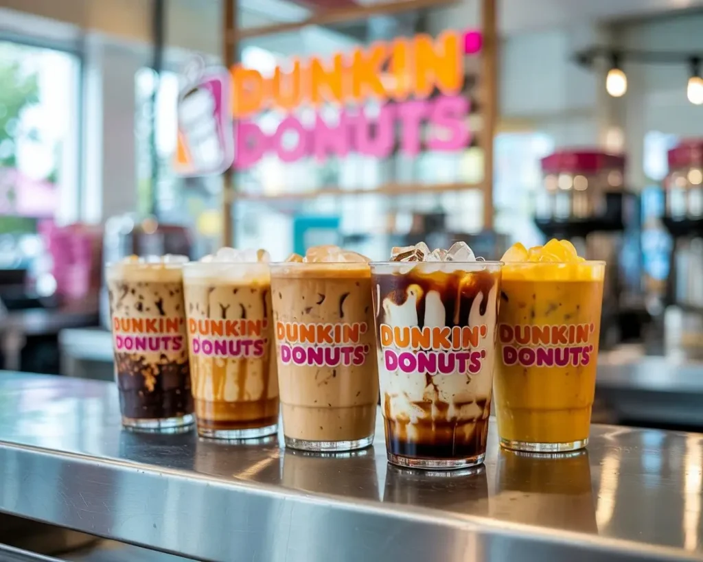 Assortment of Dunkin’ Donuts iced coffee drinks in clear cups with ice, caramel, mocha, and vanilla swirls on a café counter.
