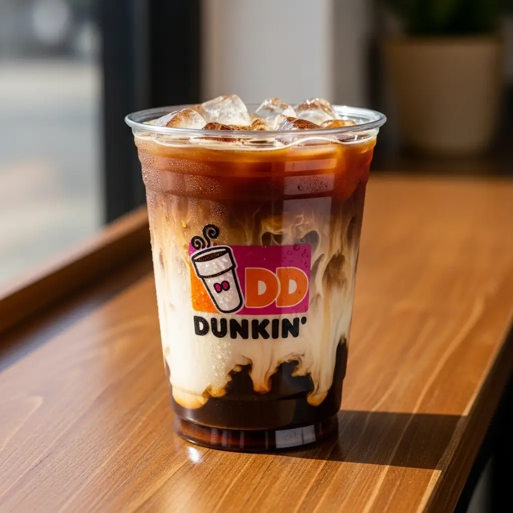 Classic Dunkin’ iced coffee in a clear cup with ice and cream swirl on a café counter.