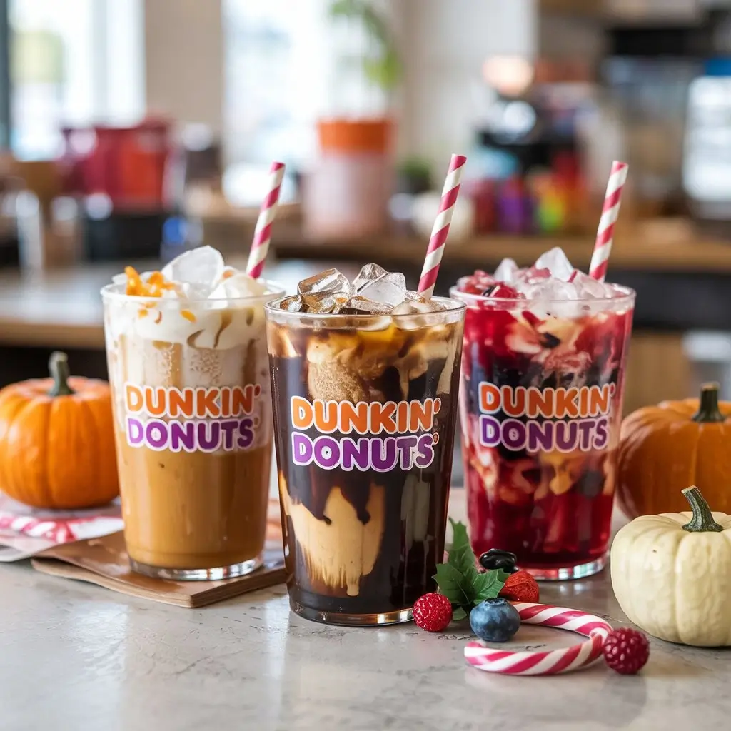 Dunkin’ seasonal iced coffee drinks including pumpkin spice, peppermint mocha, and berry iced coffee in branded cups with ice.