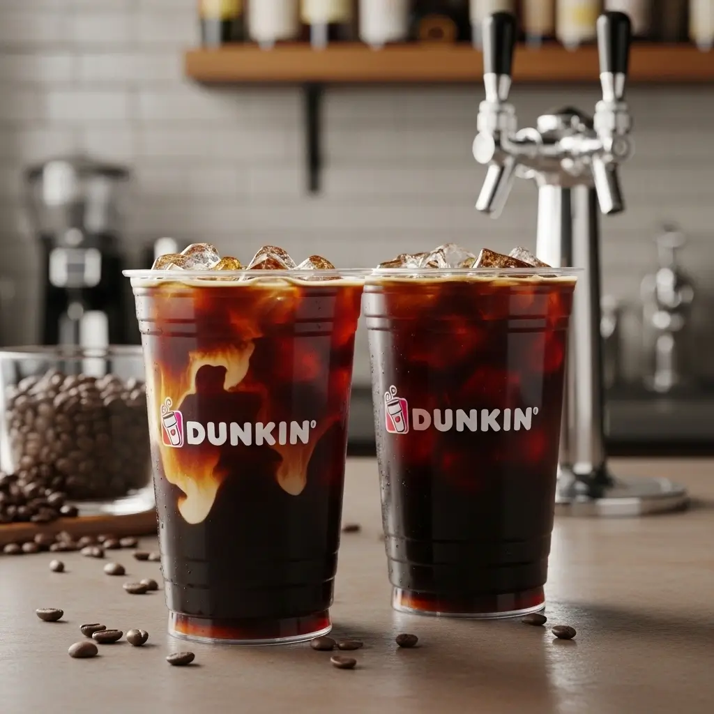 Dunkin’ cold brew and strong iced coffee in clear branded cups with ice on a café counter.