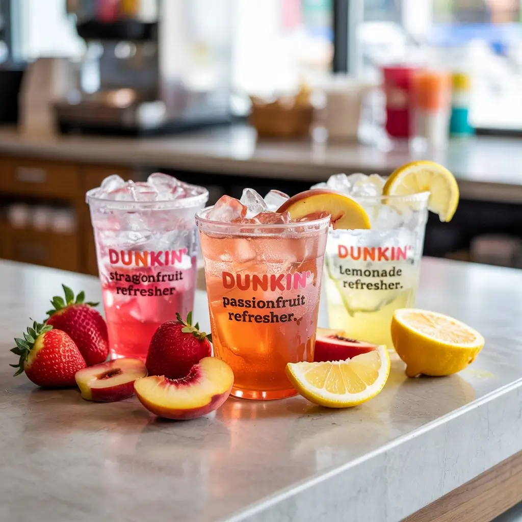 Dunkin’ Refreshers in strawberry dragonfruit, peach passionfruit, and lemonade flavors served in clear branded cups with ice.