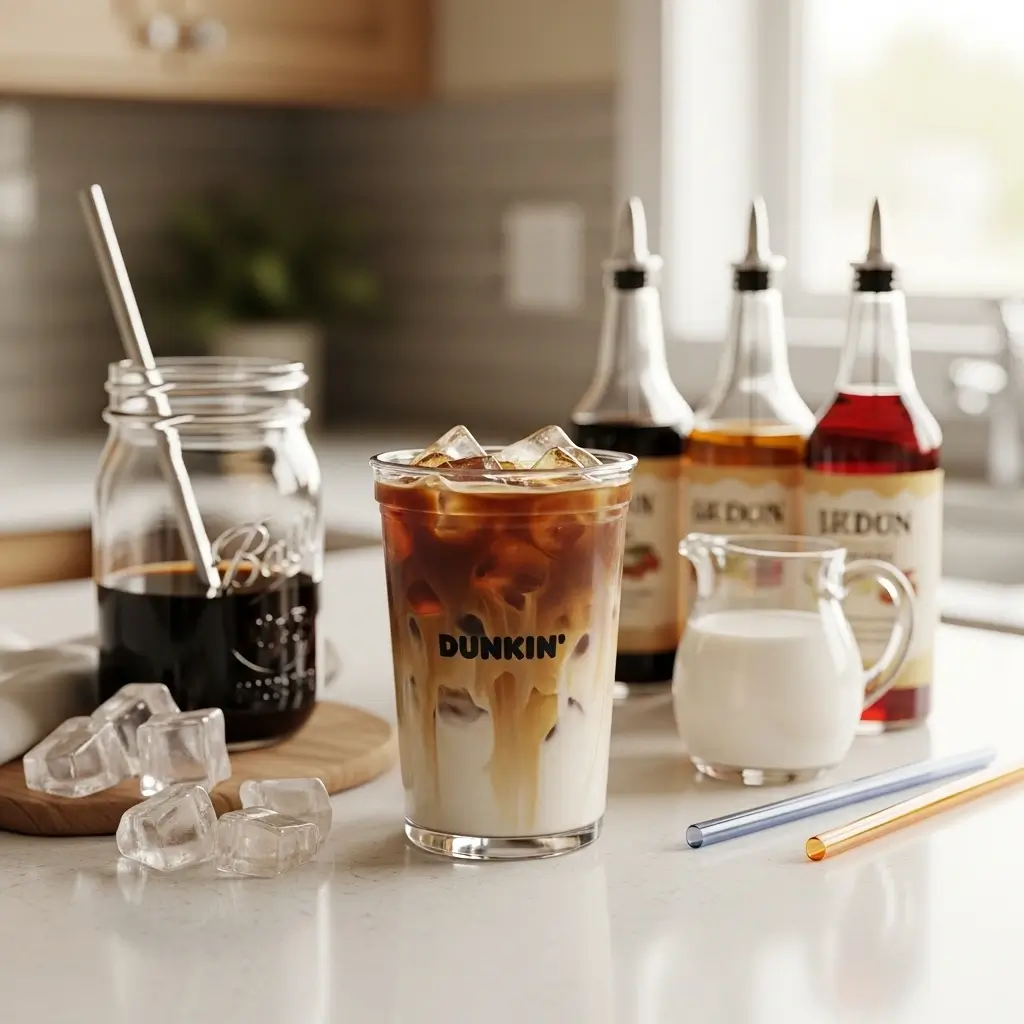 Homemade iced coffee in a clear cup with cream swirl, mason jar concentrate, milk, and syrups on a kitchen counter.