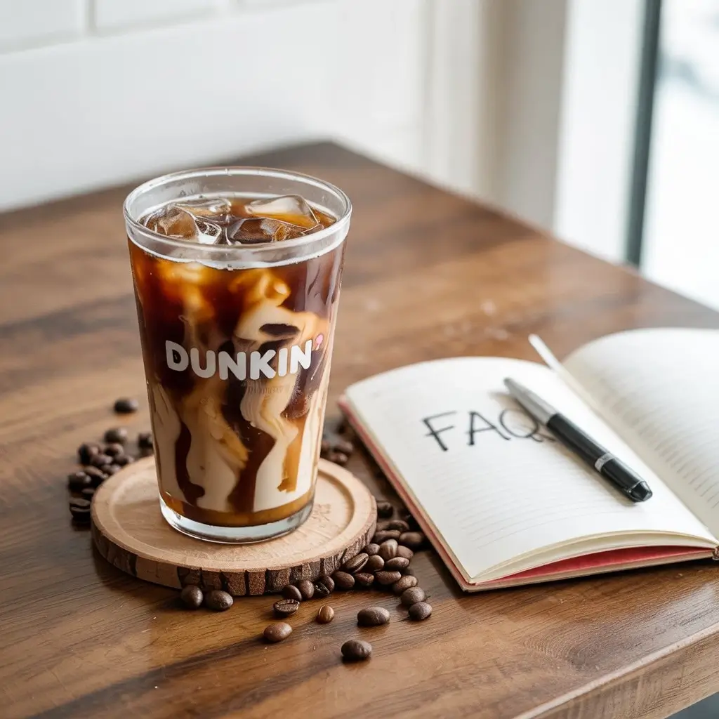 Dunkin’ iced coffee with ice and cream swirl beside an open FAQ notebook and coffee beans.