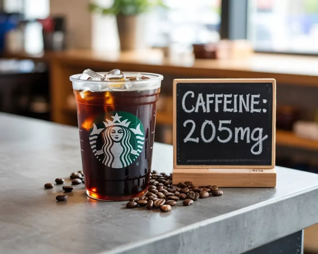 Starbucks cold brew coffee in a clear cup with ice, logo visible, beside a chalkboard showing caffeine notes.