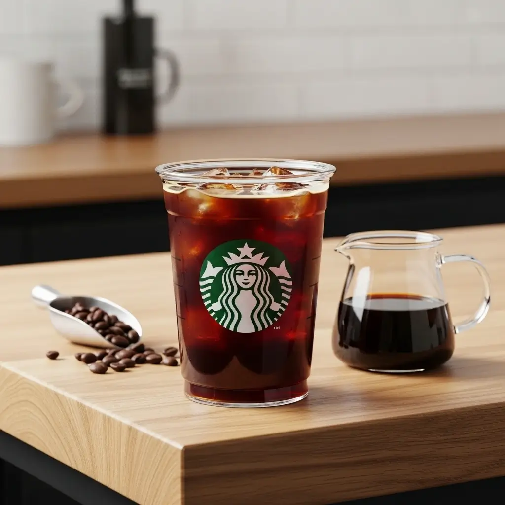 Starbucks cold brew coffee in a clear cup with ice, logo visible, next to coffee beans and a carafe of cold brew concentrate.