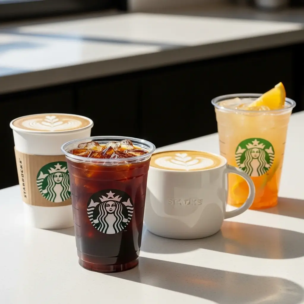 Starbucks cold brew coffee in a clear cup with ice next to a latte, cappuccino, and refresher for comparison.