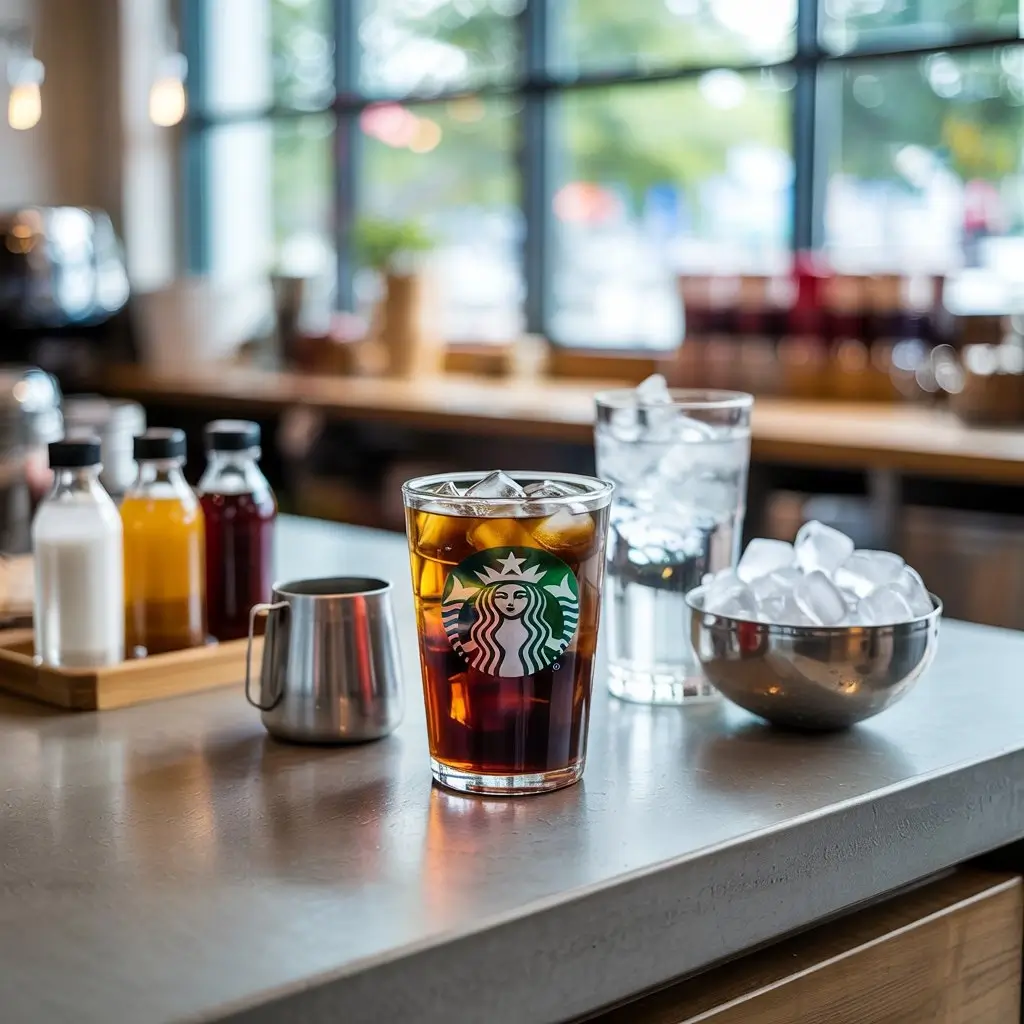 Starbucks cold brew coffee in a clear cup with ice beside almond milk, syrups, sparkling water, and ice cubes on a café counter.