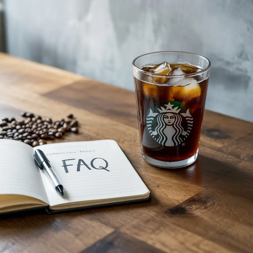 Starbucks cold brew coffee with ice and cream swirl next to an open FAQ notebook and coffee beans.