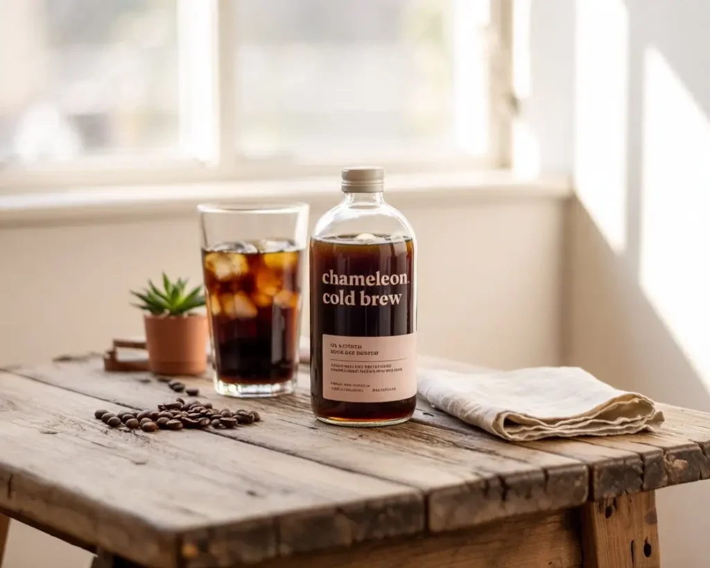 Chameleon Cold Brew bottle with a glass of iced coffee and natural organic props on a wooden table.