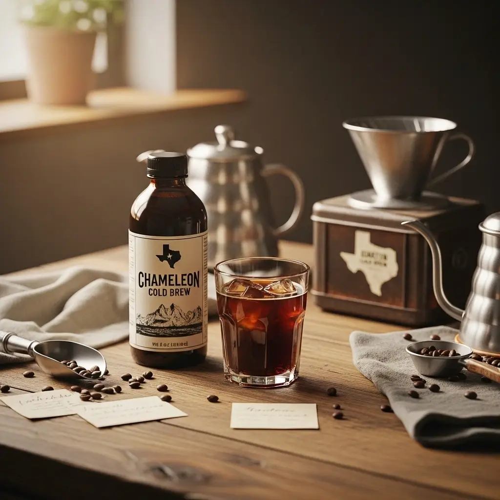 Chameleon Cold Brew bottle and glass of iced coffee on a rustic table with vintage coffee tools and Texas-inspired details.