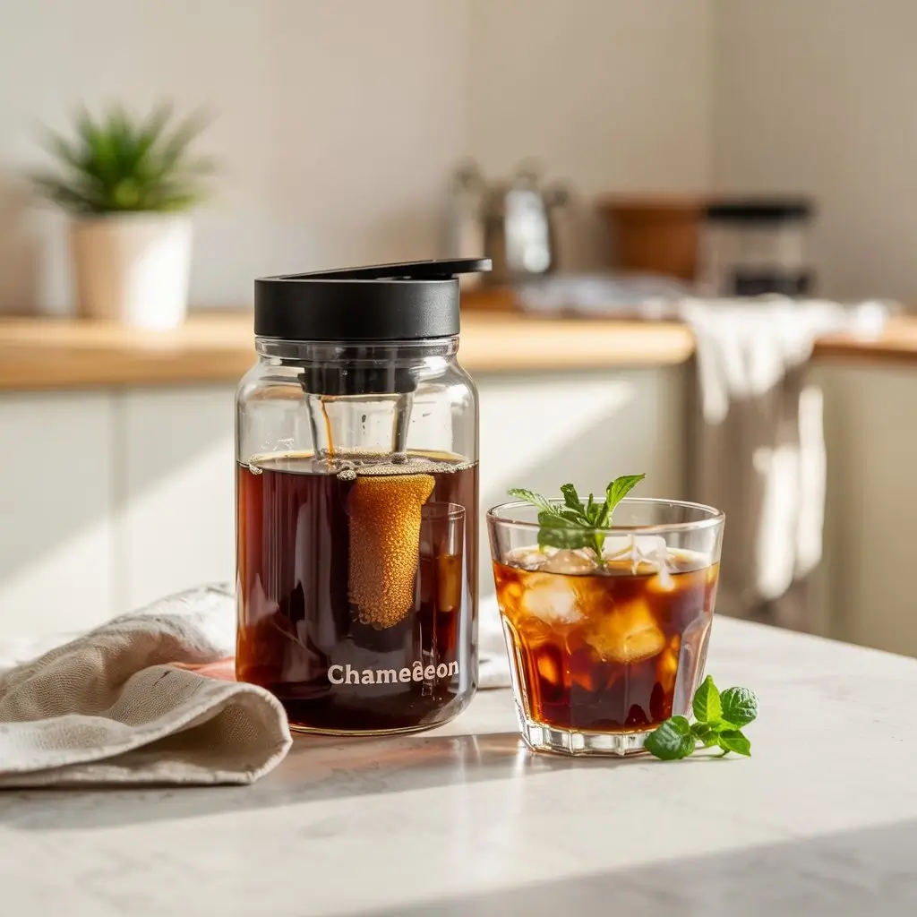 Chameleon Cold Brew bottle next to a brewing jar with coffee grounds and a glass of finished iced coffee on a kitchen counter.