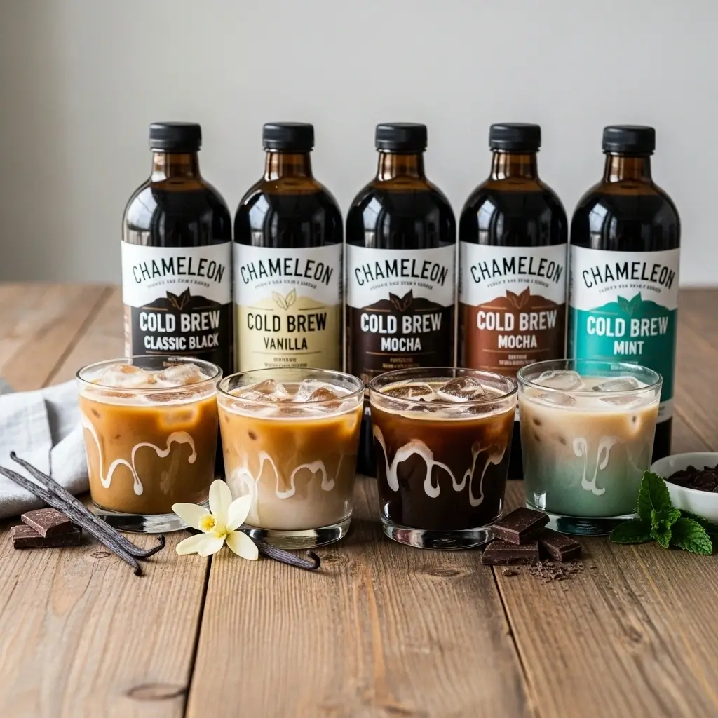 Chameleon Cold Brew bottles in Classic Black, Vanilla, Mocha, and Mint flavors with matching iced coffee glasses and flavor props.