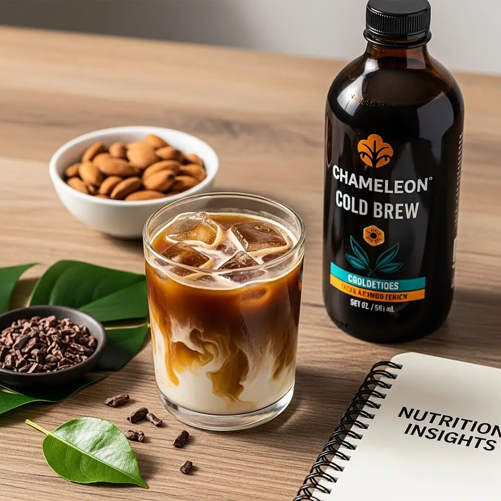 Chameleon Cold Brew bottle with a glass of iced coffee, almonds, cacao nibs, and a notebook on a wooden table.