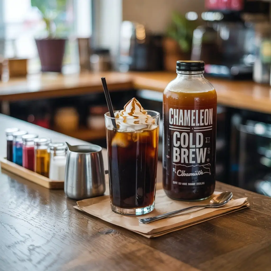 Chameleon Cold Brew bottle next to a glass of iced coffee with cream swirl, milk pitcher, syrup bottles, and barista tools on a café counter.