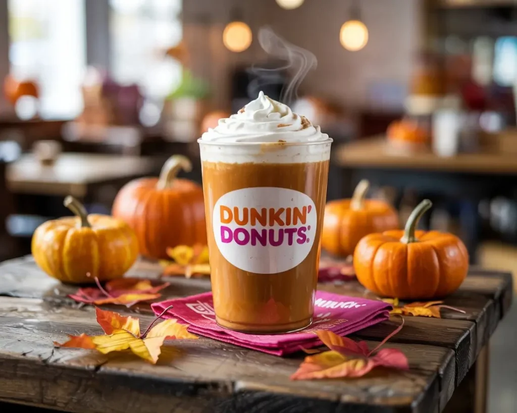 Dunkin Donuts Pumpkin Spice Latte with whipped cream and cinnamon surrounded by fall decorations on a wooden table.