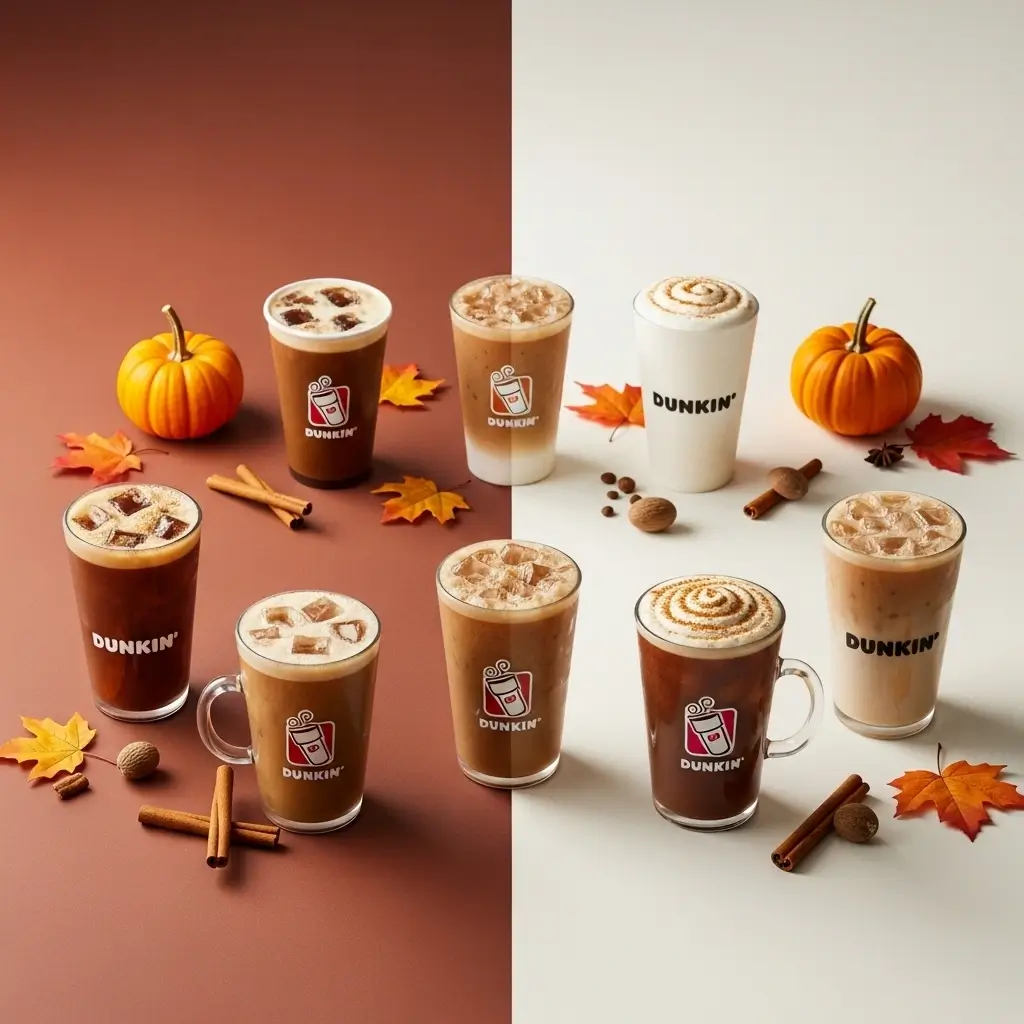 A visual evolution of Dunkin Donuts Pumpkin Spice Latte through the years, showing hot and iced versions with fall decorations.